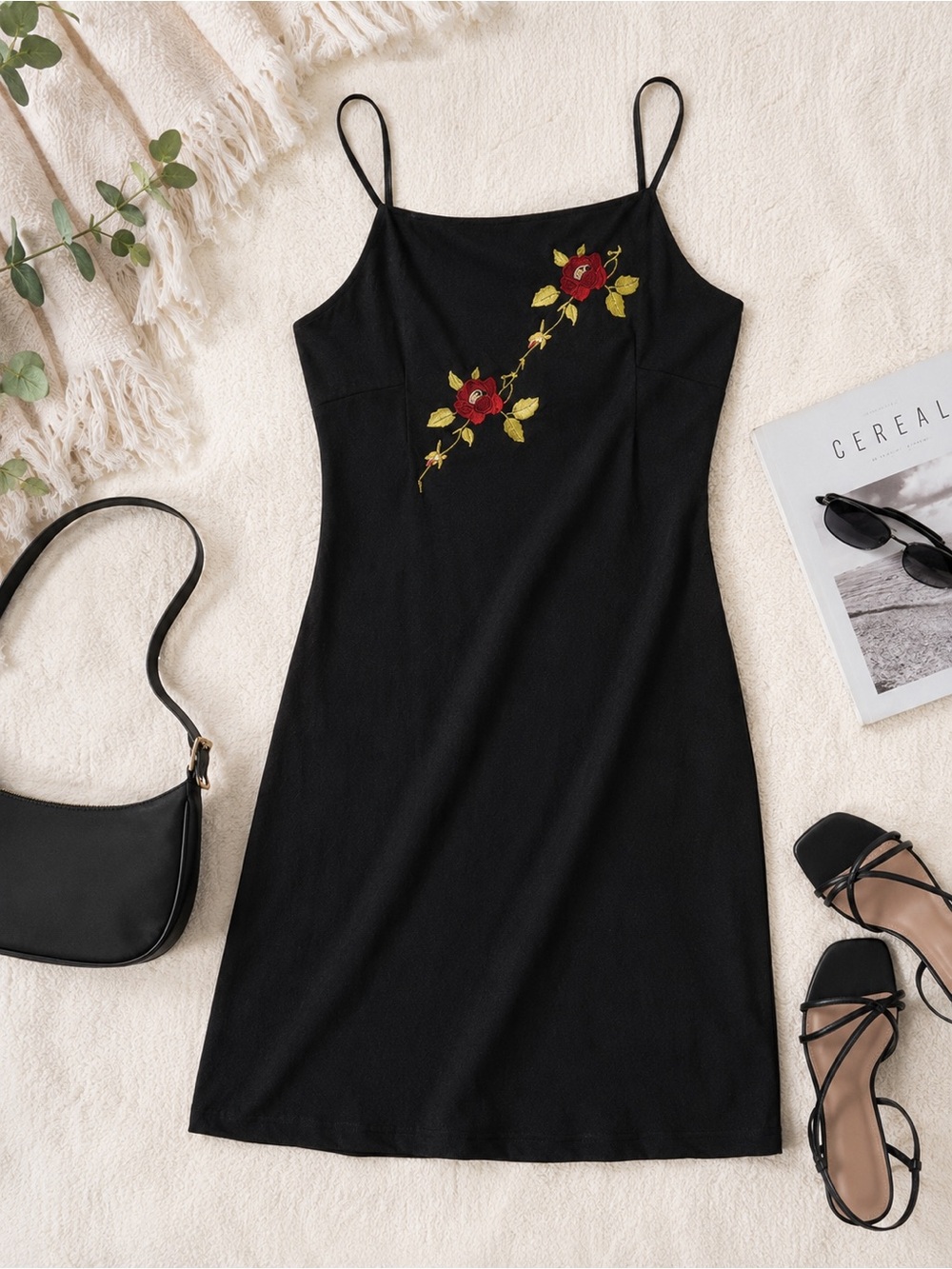 Y2K Black Embroidered Rose Slip Dress | 90s Vintage Inspired Mini Dress